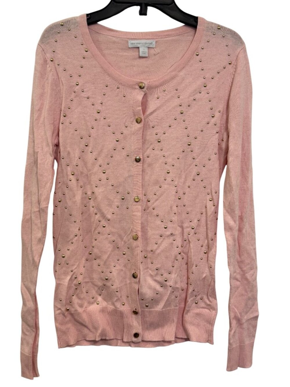 New York & Company XS Pink Studded Button-Up Cardigan Sweater Cotton Blend